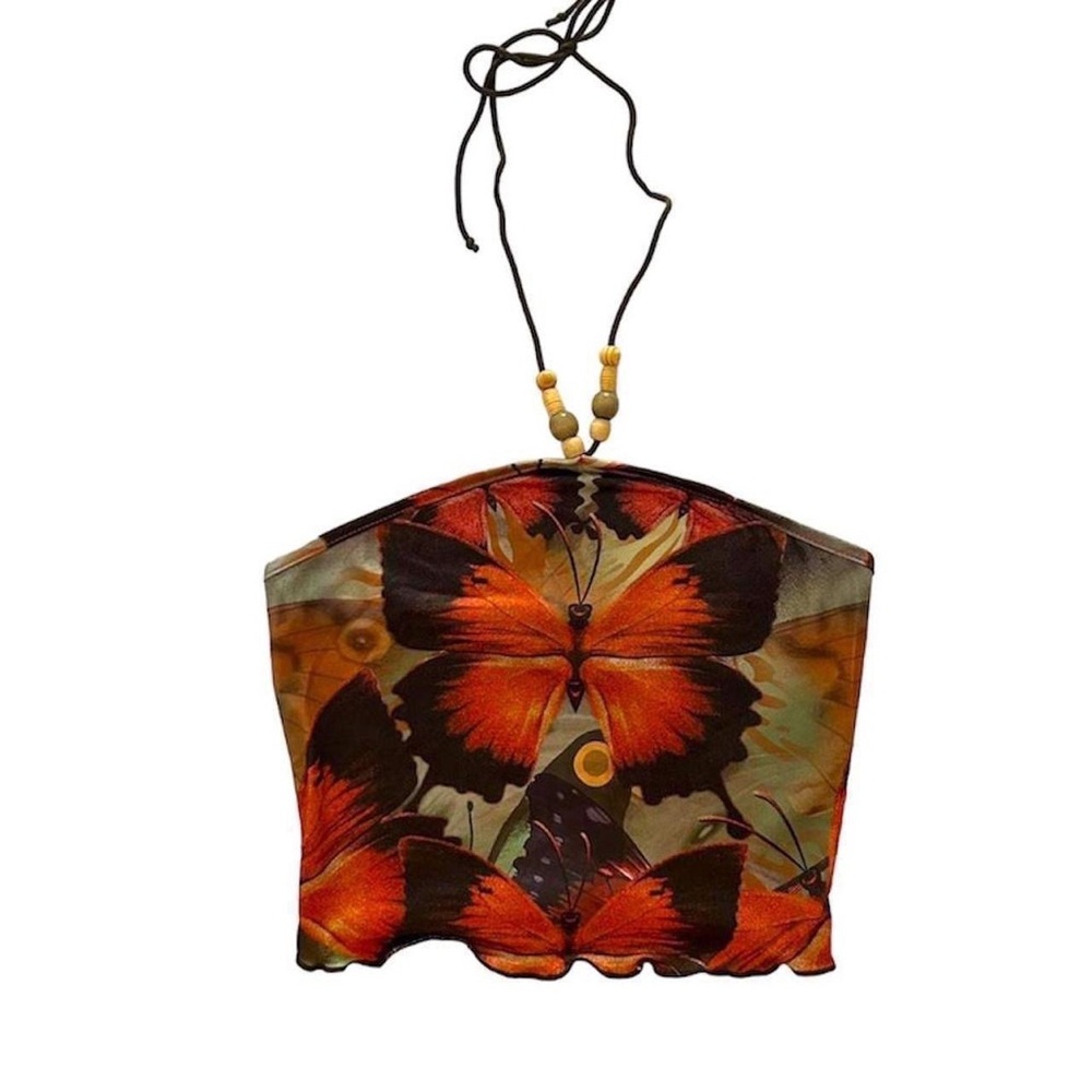 Strapless Butterfly Print Crop Top - Orange